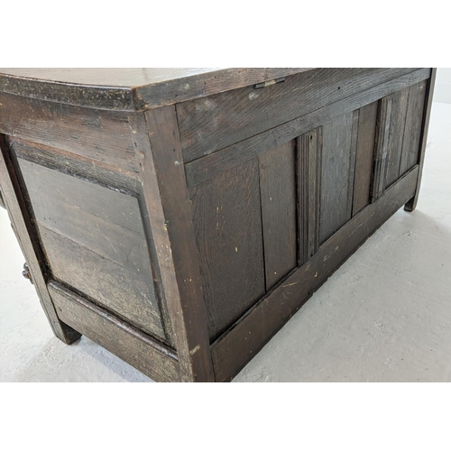 267 - COFFER, antique Jacobean design oak, ash and metal mounted with a rising lid, carved detail and appl... 