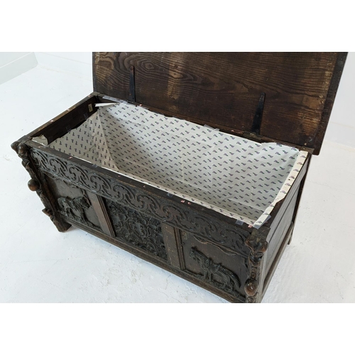 267 - COFFER, antique Jacobean design oak, ash and metal mounted with a rising lid, carved detail and appl... 