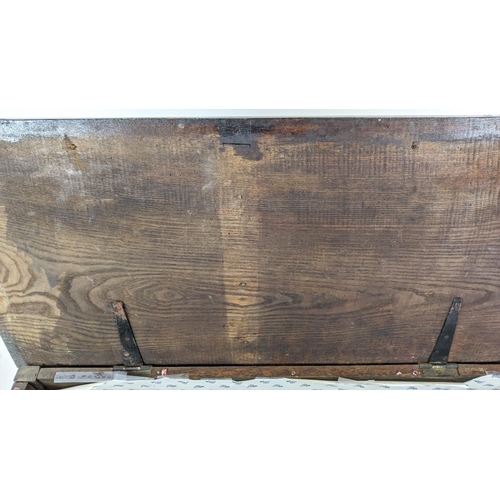 267 - COFFER, antique Jacobean design oak, ash and metal mounted with a rising lid, carved detail and appl... 