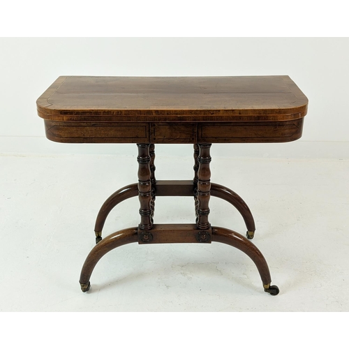 268 - CARD TABLE, Regency mahogany and rosewood with inlaid crossbanding detail on turned supports with cu... 