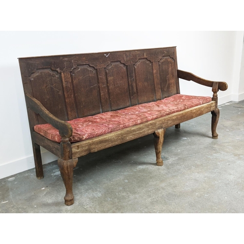 262 - SETTLE, George III oak with rope seat and floral squab cushion, 100cm H x 167cm x 67cm.