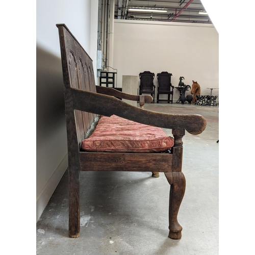 262 - SETTLE, George III oak with rope seat and floral squab cushion, 100cm H x 167cm x 67cm.