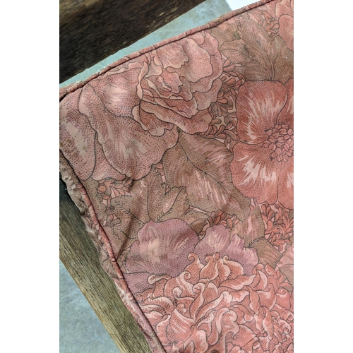 262 - SETTLE, George III oak with rope seat and floral squab cushion, 100cm H x 167cm x 67cm.