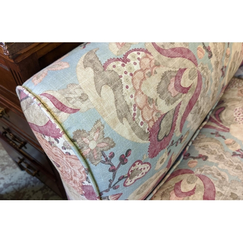260 - SOFA, 96cm H x 157cm W, Edwardian mahogany newly upholstered in foliate fabric.