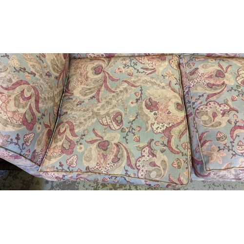 260 - SOFA, 96cm H x 157cm W, Edwardian mahogany newly upholstered in foliate fabric.