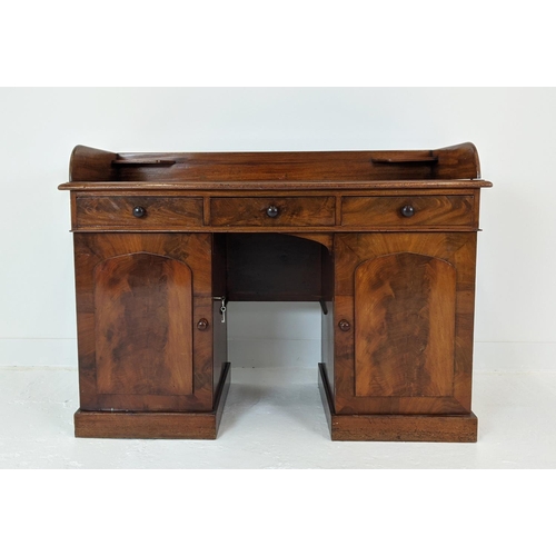 259 - DESK, Victorian mahogany with a 3/4 gallery over three frieze drawers and cupboard base, 122cm x 56c... 