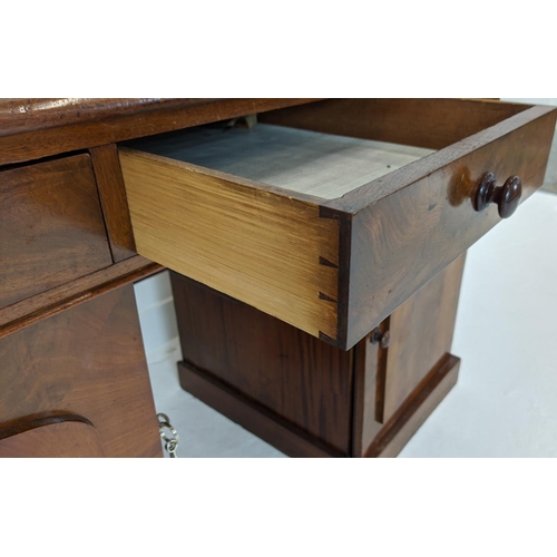 259 - DESK, Victorian mahogany with a 3/4 gallery over three frieze drawers and cupboard base, 122cm x 56c... 