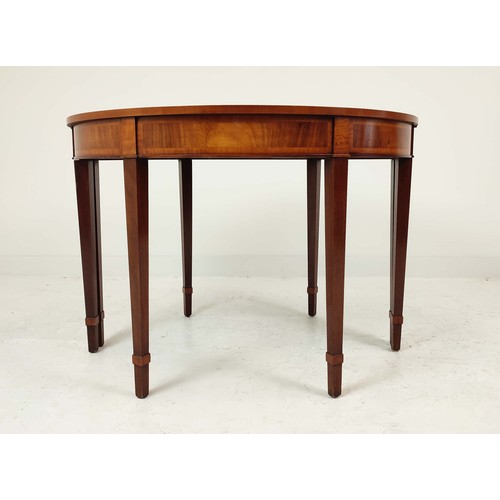254 - DEMI LUNE TABLES, a pair, George III design mahogany and satinwood inlaid, 77cm H x 112cm x 47cm. (2... 