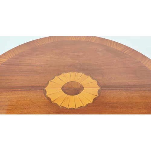254 - DEMI LUNE TABLES, a pair, George III design mahogany and satinwood inlaid, 77cm H x 112cm x 47cm. (2... 