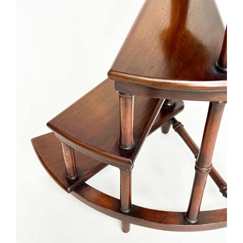 253 - LIBRARY STEPS, a tall set, Georgian style mahogany with four spiral tread steps and brass mounted po... 