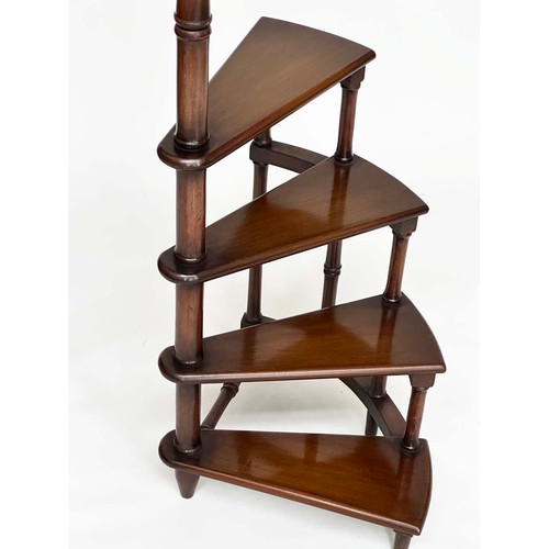 253 - LIBRARY STEPS, a tall set, Georgian style mahogany with four spiral tread steps and brass mounted po... 