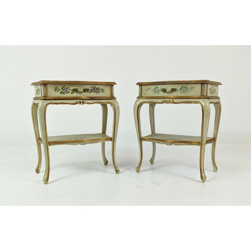 248 - SERPENTINE BEDSIDE TABLES, Italianate craquelure, floral painted and gilt heightened, each with sing... 