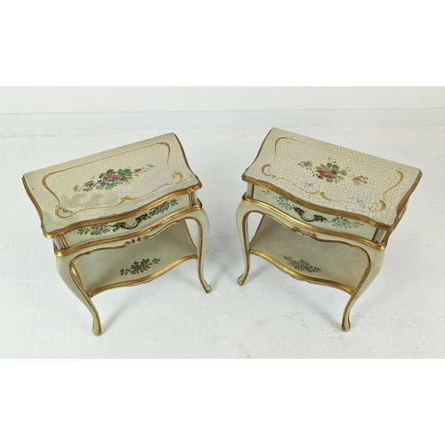 248 - SERPENTINE BEDSIDE TABLES, Italianate craquelure, floral painted and gilt heightened, each with sing... 