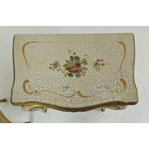 248 - SERPENTINE BEDSIDE TABLES, Italianate craquelure, floral painted and gilt heightened, each with sing... 