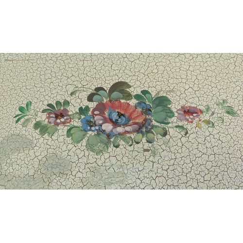 248 - SERPENTINE BEDSIDE TABLES, Italianate craquelure, floral painted and gilt heightened, each with sing... 