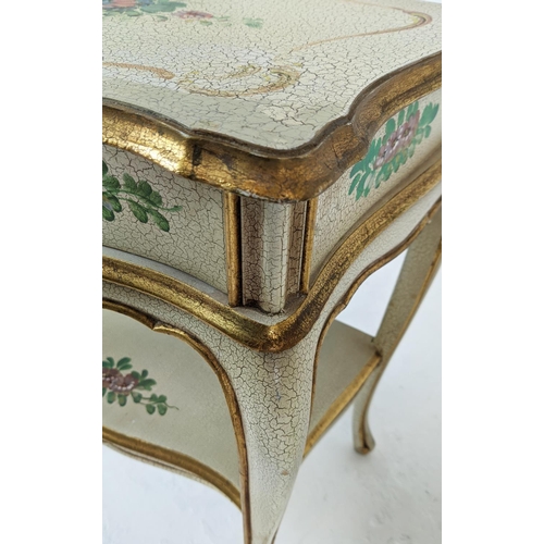 248 - SERPENTINE BEDSIDE TABLES, Italianate craquelure, floral painted and gilt heightened, each with sing... 