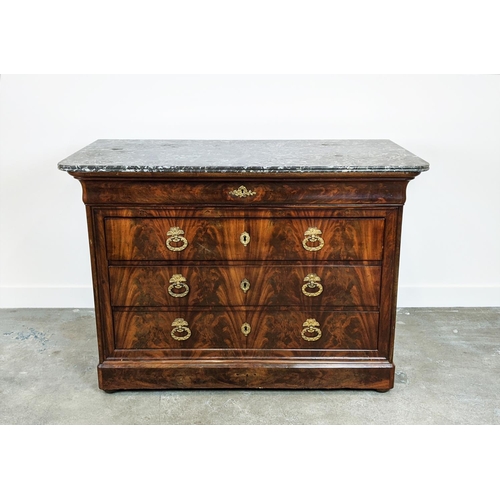 237 - COMMODE, Louis Philippe mahogany with grey marble top above four drawers, 93cm H x 131cm x 63cm.
