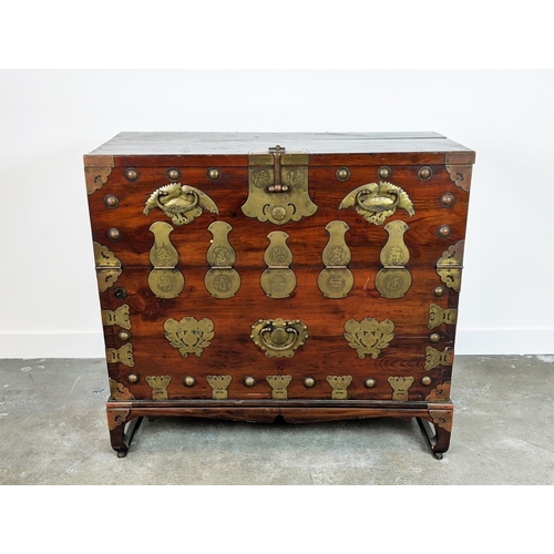 238 - CHEST, 19th century Korean firwood and brass mounted with fall front enclosing four drawers, 99cm H ... 