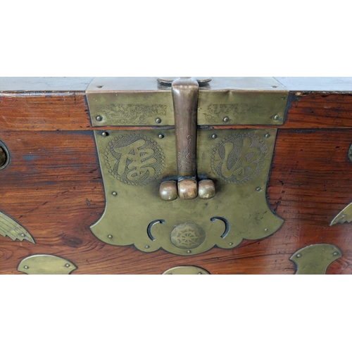 238 - CHEST, 19th century Korean firwood and brass mounted with fall front enclosing four drawers, 99cm H ... 