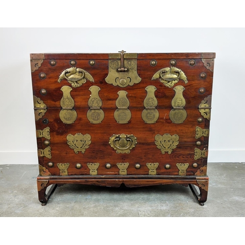 238 - CHEST, 19th century Korean firwood and brass mounted with fall front enclosing four drawers, 99cm H ... 
