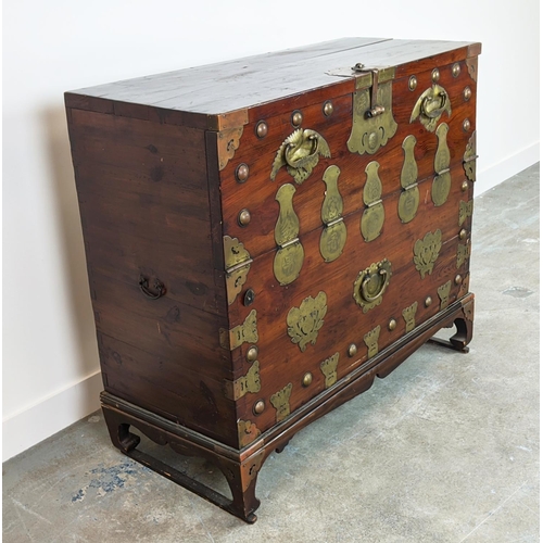 238 - CHEST, 19th century Korean firwood and brass mounted with fall front enclosing four drawers, 99cm H ... 