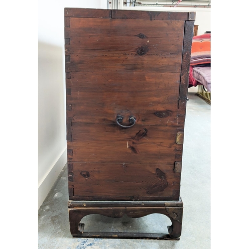 238 - CHEST, 19th century Korean firwood and brass mounted with fall front enclosing four drawers, 99cm H ... 