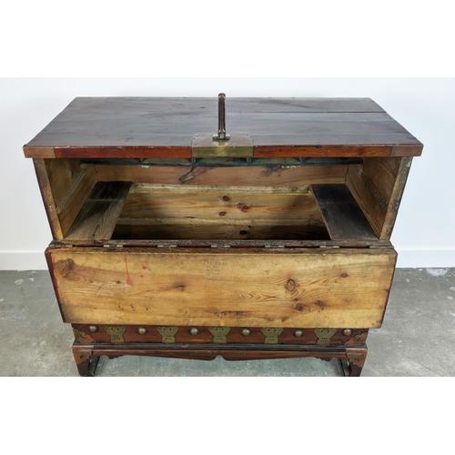 238 - CHEST, 19th century Korean firwood and brass mounted with fall front enclosing four drawers, 99cm H ... 