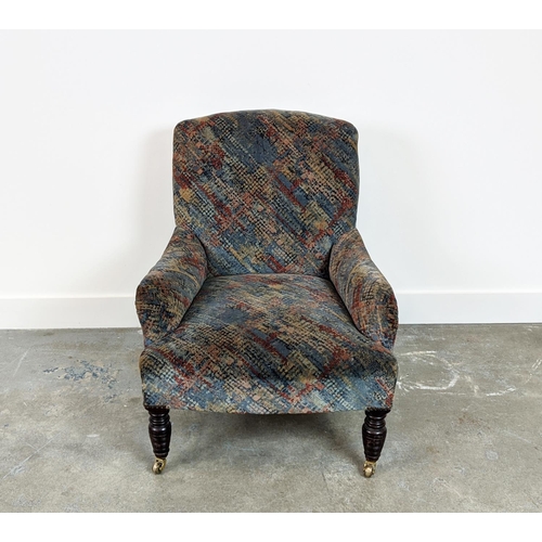 243 - ARMCHAIR, late Victorian mahogany in patterned grey velvet on brass castors, 78cm H x 65cm x 74cm.