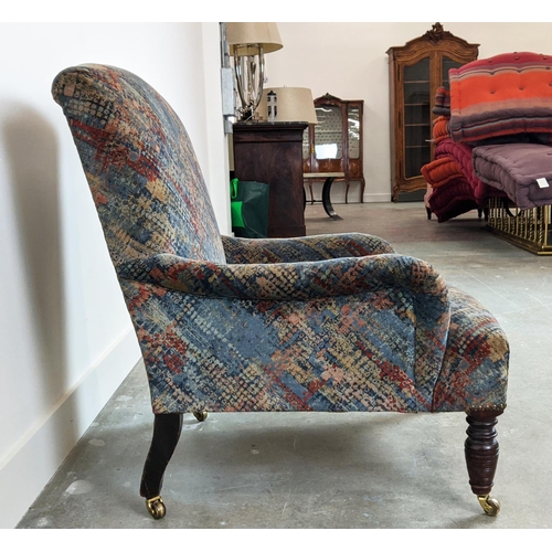 243 - ARMCHAIR, late Victorian mahogany in patterned grey velvet on brass castors, 78cm H x 65cm x 74cm.
