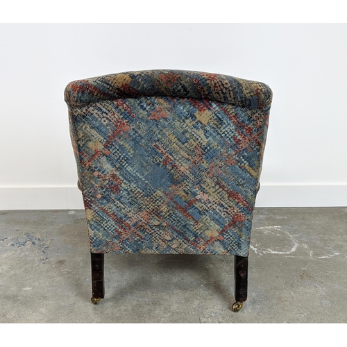 243 - ARMCHAIR, late Victorian mahogany in patterned grey velvet on brass castors, 78cm H x 65cm x 74cm.