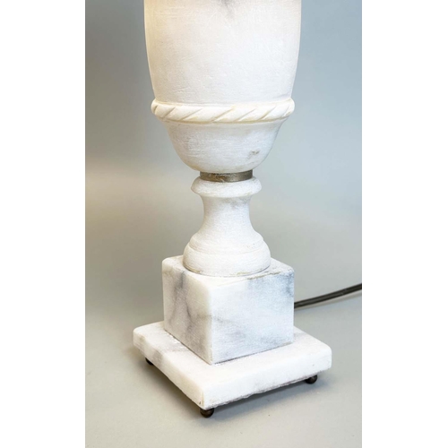 297 - ALBASTER TABLE LAMPS, a pair, urn form on square plinth bases, 54cm H. (2)