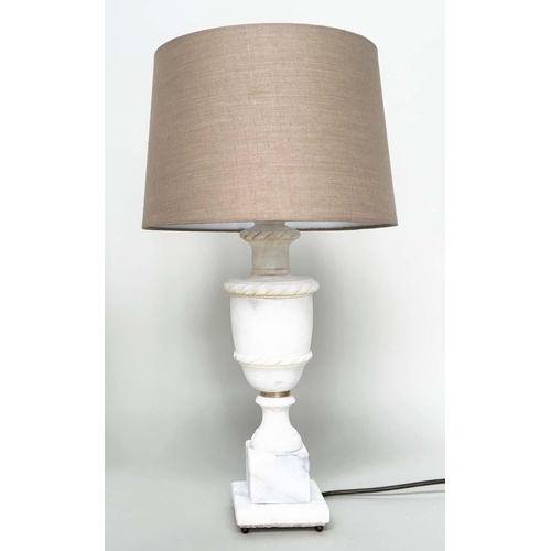 297 - ALBASTER TABLE LAMPS, a pair, urn form on square plinth bases, 54cm H. (2)
