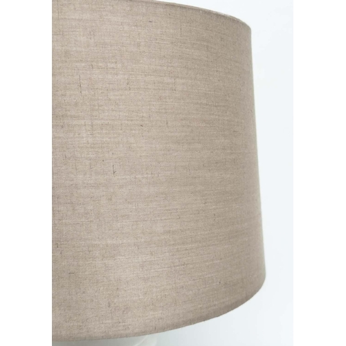 297 - ALBASTER TABLE LAMPS, a pair, urn form on square plinth bases, 54cm H. (2)