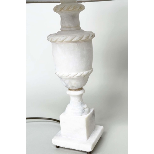 297 - ALBASTER TABLE LAMPS, a pair, urn form on square plinth bases, 54cm H. (2)