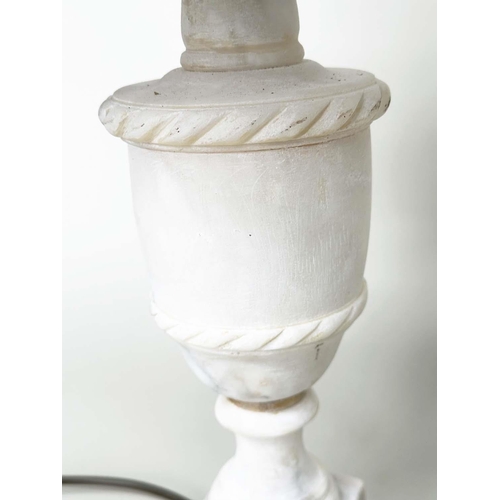 297 - ALBASTER TABLE LAMPS, a pair, urn form on square plinth bases, 54cm H. (2)