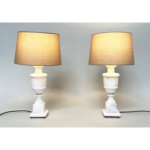 297 - ALBASTER TABLE LAMPS, a pair, urn form on square plinth bases, 54cm H. (2)