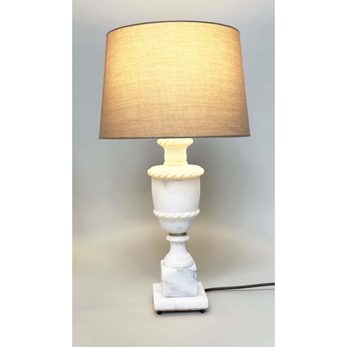 297 - ALBASTER TABLE LAMPS, a pair, urn form on square plinth bases, 54cm H. (2)