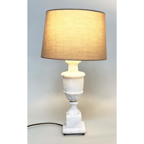 297 - ALBASTER TABLE LAMPS, a pair, urn form on square plinth bases, 54cm H. (2)