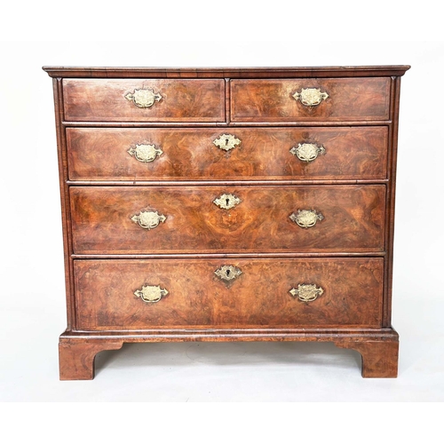 293 - CHEST, early 18th century English Queen Anne figured walnut with two short above three long drawers ... 