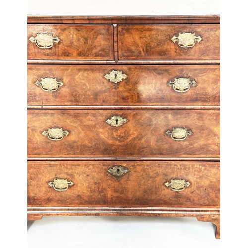 293 - CHEST, early 18th century English Queen Anne figured walnut with two short above three long drawers ... 