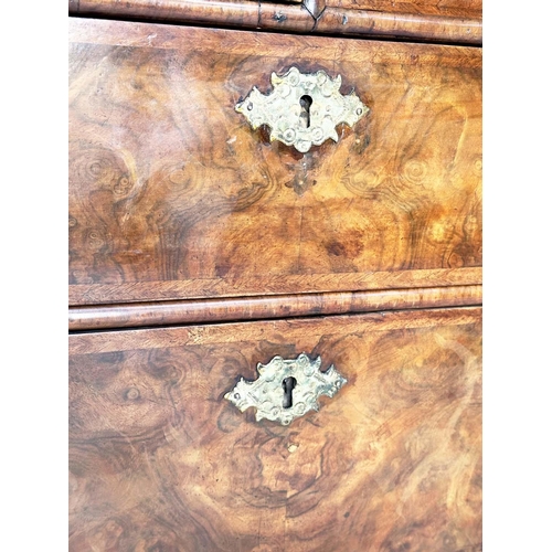 293 - CHEST, early 18th century English Queen Anne figured walnut with two short above three long drawers ... 