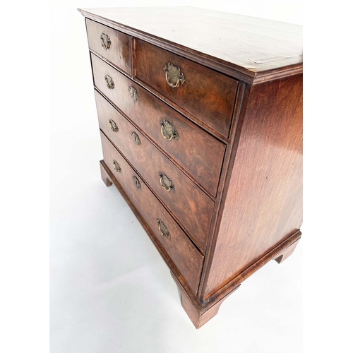 293 - CHEST, early 18th century English Queen Anne figured walnut with two short above three long drawers ... 