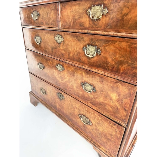 293 - CHEST, early 18th century English Queen Anne figured walnut with two short above three long drawers ... 