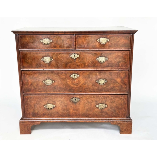 293 - CHEST, early 18th century English Queen Anne figured walnut with two short above three long drawers ... 
