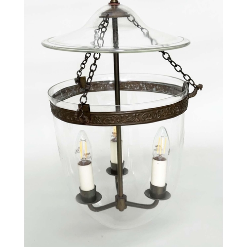295 - HALL LANTERNS, two similar, each with three lights and cover, 40cm H excluding chain. (2)