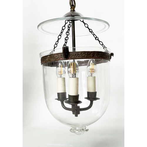 295 - HALL LANTERNS, two similar, each with three lights and cover, 40cm H excluding chain. (2)