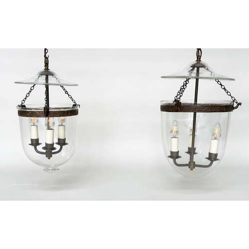 295 - HALL LANTERNS, two similar, each with three lights and cover, 40cm H excluding chain. (2)