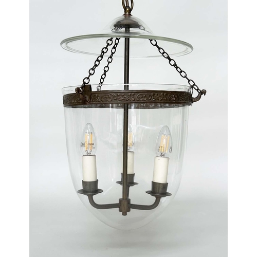 295 - HALL LANTERNS, two similar, each with three lights and cover, 40cm H excluding chain. (2)