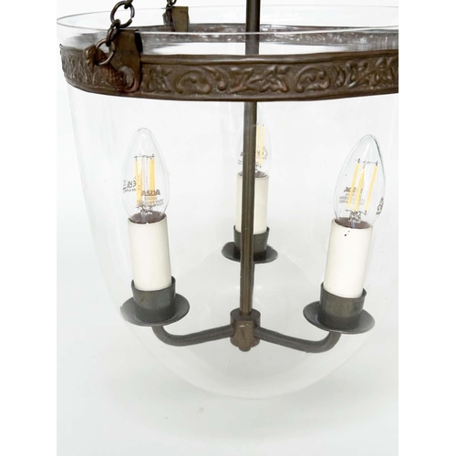 295 - HALL LANTERNS, two similar, each with three lights and cover, 40cm H excluding chain. (2)