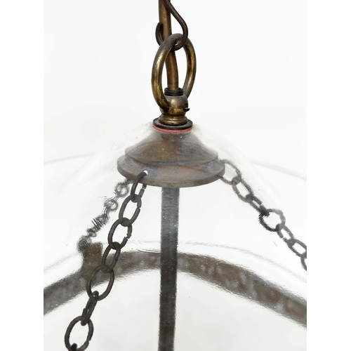 295 - HALL LANTERNS, two similar, each with three lights and cover, 40cm H excluding chain. (2)